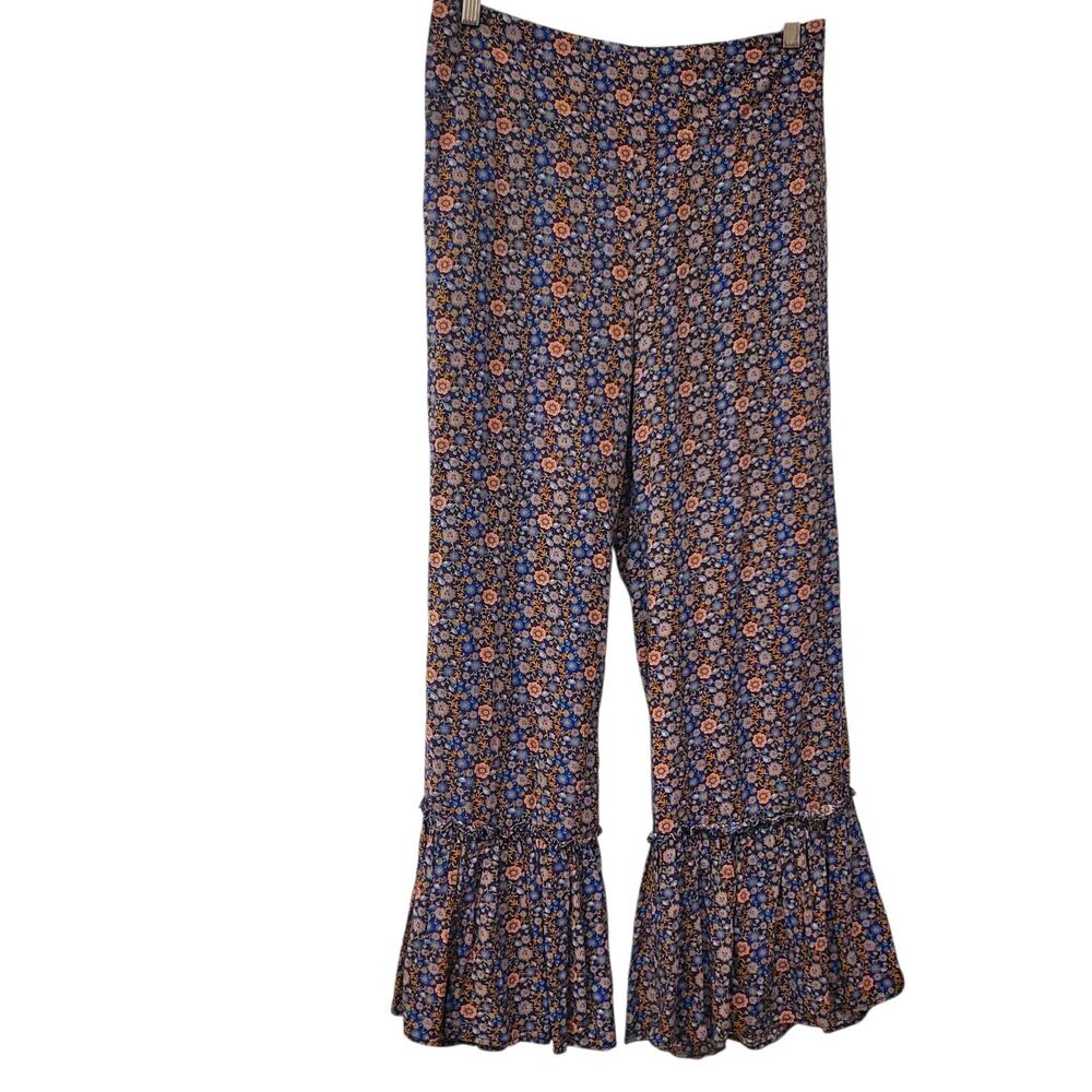 Natural Life Pants Flare Ruffle Boho Hippie Blue Red Floral Med